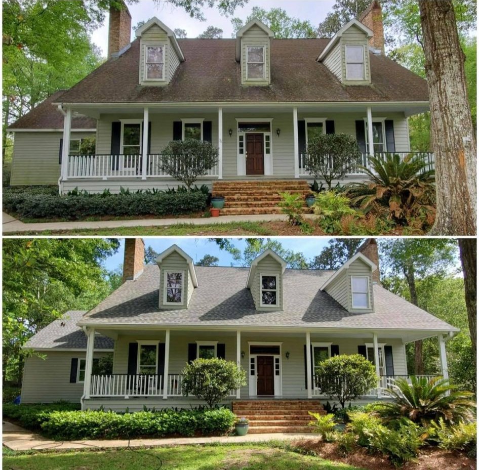 Shingle roof before and after cleaning