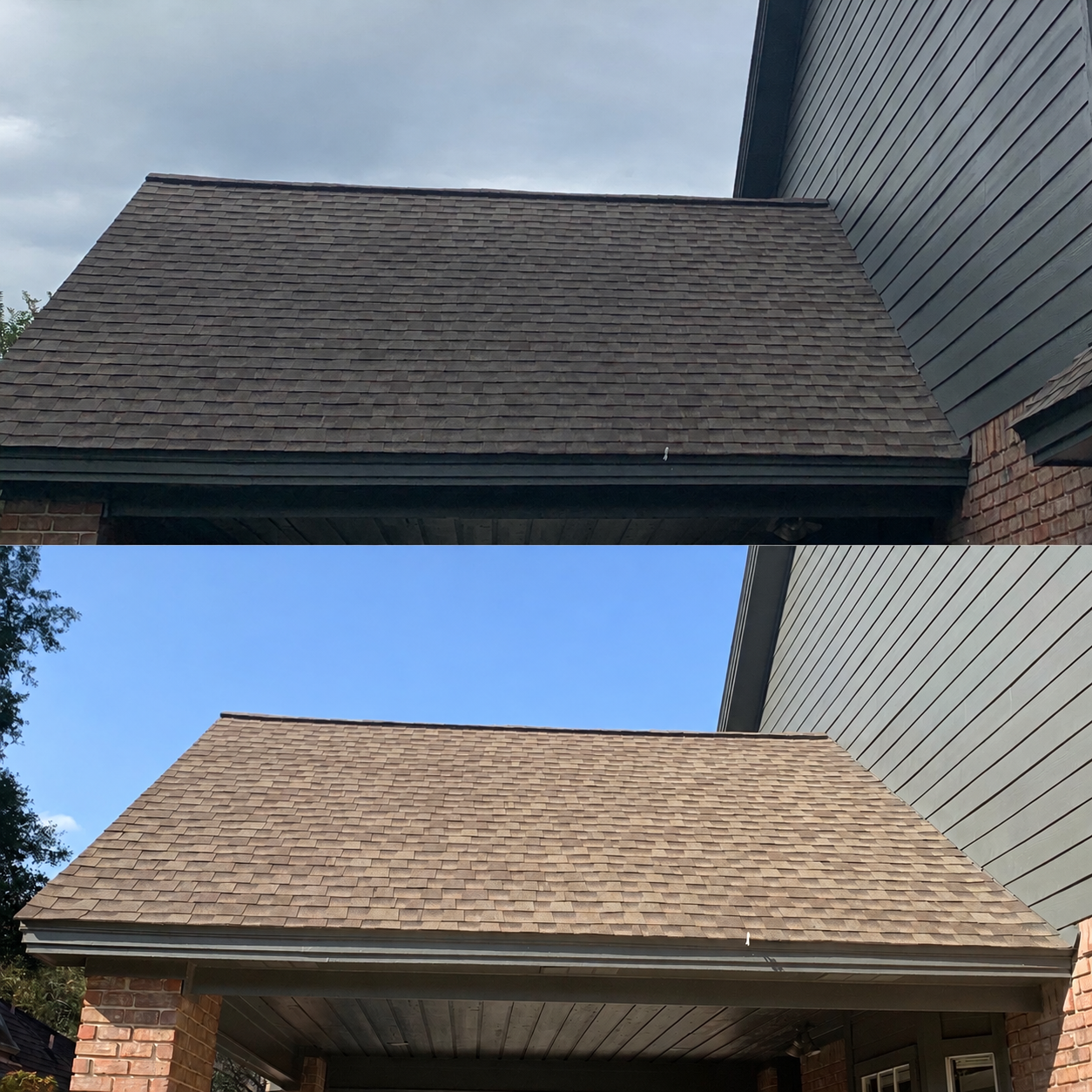 Shingle roof cleaning comparison; logo digitally removed
