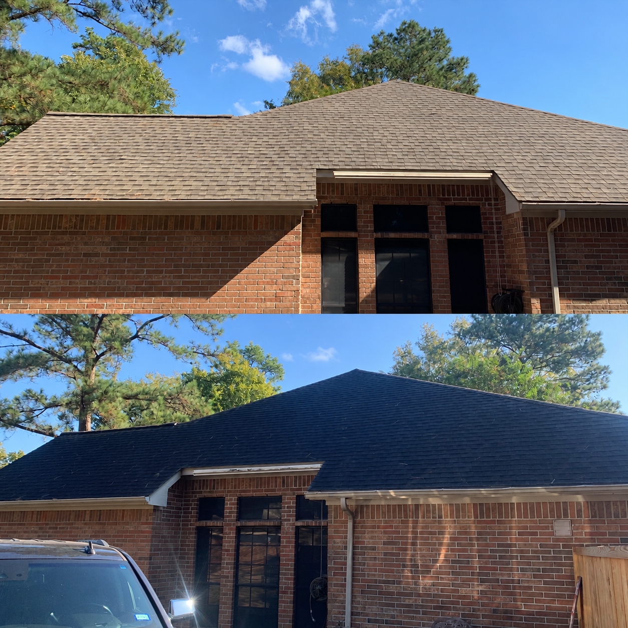 Shingle roof cleaning comparison; logo digitally removed