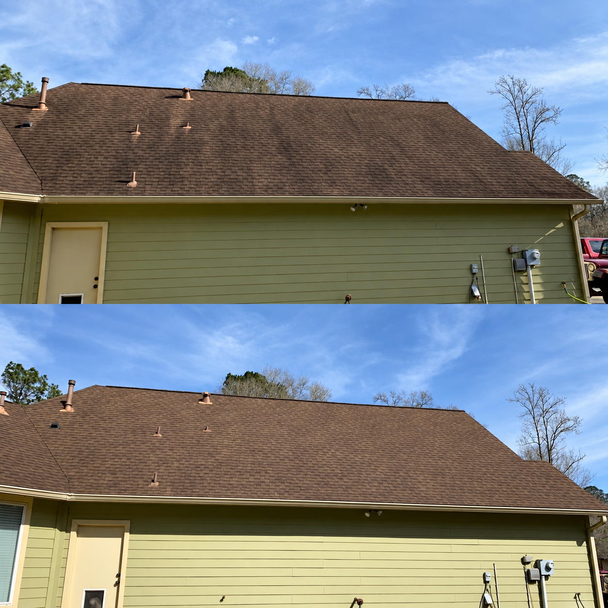 Shingle roof cleaning comparison; logo digitally removed
